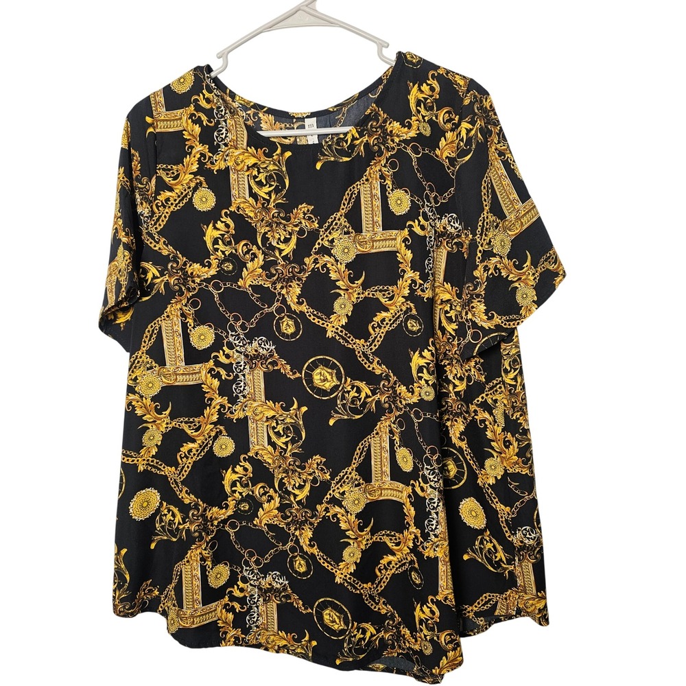 MTS Womens Boxy Baroque Print Top L Black Gold Chain Maximalist Mob Wife Glam